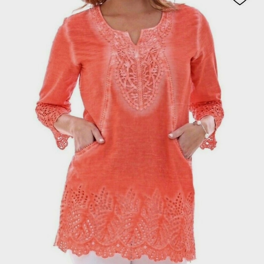 Parsley & Sage Piper Lace Eyelet Detail Tunic Top Tangerine Small NEW